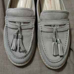 Gray nubuck leather tassel loafers
